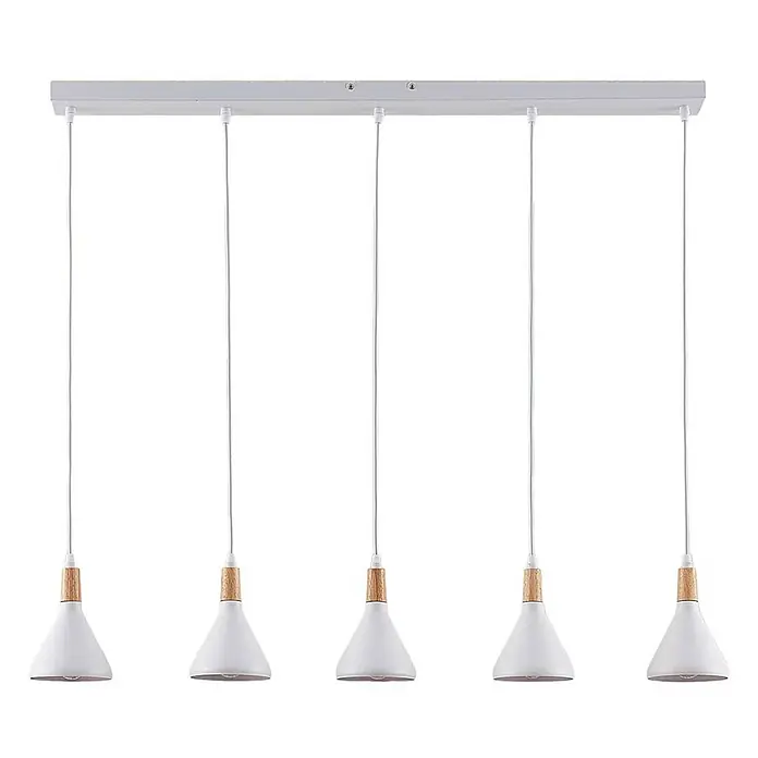 Lindby Pendelleuchte Arina - weiß / opal, weiß, holz hell, E14 - Weiße 5-flammige Pendelleuchte mit konischen Schirmen und Holzdetails, an rechteckiger Deckenleiste.