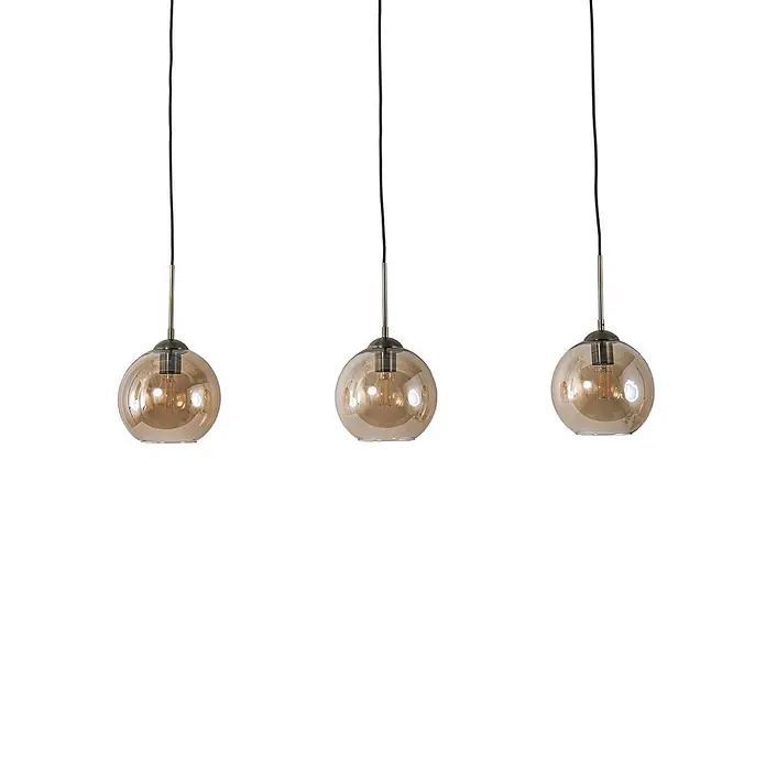Lindby Pendelleuchte Sofian - L x B x H: 100 x 20 x 20 cm, creme / amber, amber, altmessing, E27 - Drei Pendelleuchten mit kugelförmigen, bernsteinfarbenen Glasschirmen und schwarzen Kabeln mit Messingakzenten.