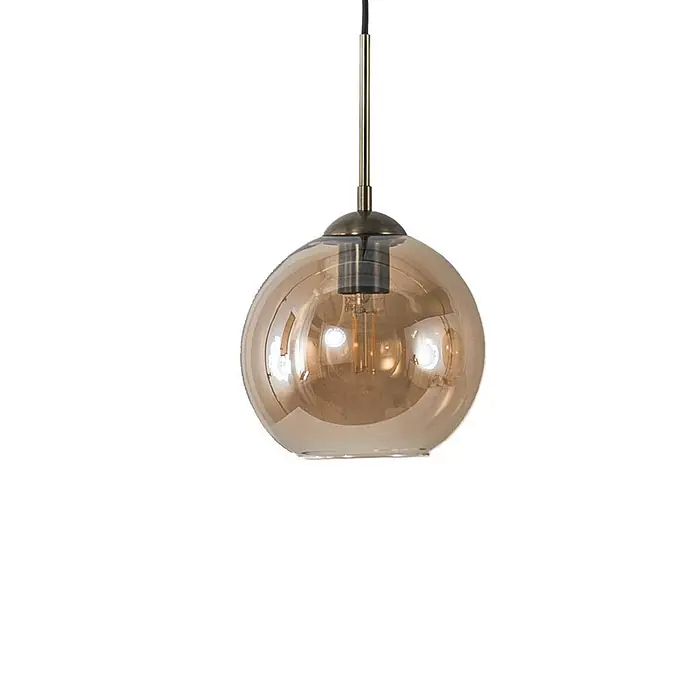Lindby Pendelleuchte Sofian - L x B x H: 100 x 20 x 20 cm, creme / amber, amber, altmessing, E27 - Pendelleuchte mit kugelförmigem Bernsteinglasschirm und Bronzefassung, mit sichtbarer Glühlampe.