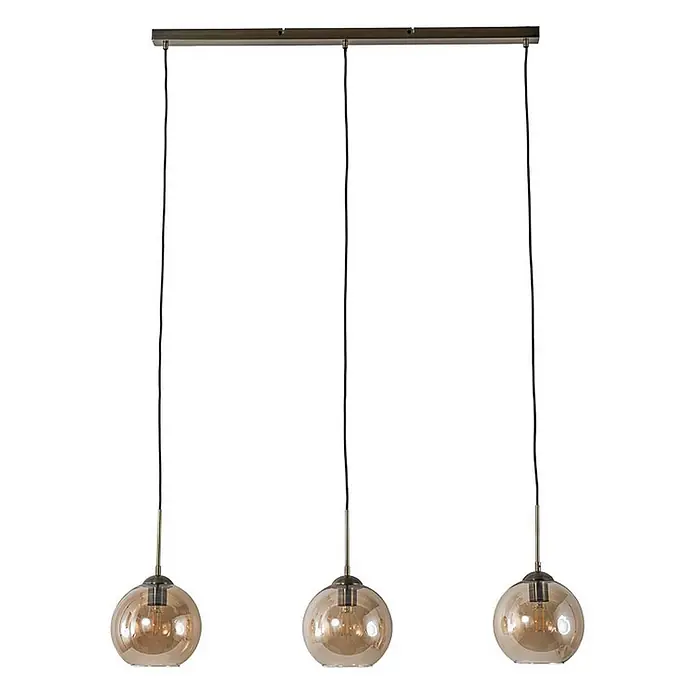 Lindby Pendelleuchte Sofian - L x B x H: 100 x 20 x 20 cm, creme / amber, amber, altmessing, E27 - Dreifache Pendelleuchte mit drei bernsteinfarbenen Glaskugelschirmen und dunkler Metallstange.