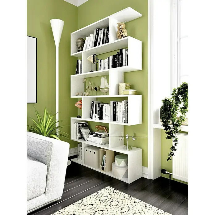 Dekit Estantería de madera Lis - Al x An x Pr: 190 x 80 x 25 cm, Número de baldas: 6 ud., Atornillado, Blanco - Librería de acabado blanco con un diseño en zigzag único, ideal para espacios de vida modernos, ofrece almacenamiento elegante.
