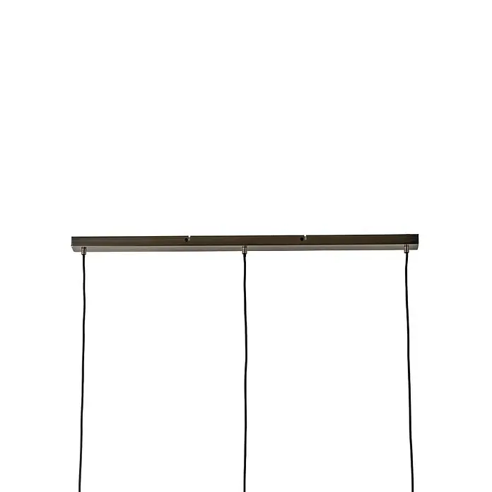 Lindby Pendelleuchte Sofian - L x B x H: 100 x 20 x 20 cm, creme / amber, amber, altmessing, E27 - Dunkle Metall-Linearschiene mit drei hängenden schwarzen Stromkabeln für Pendelleuchten.