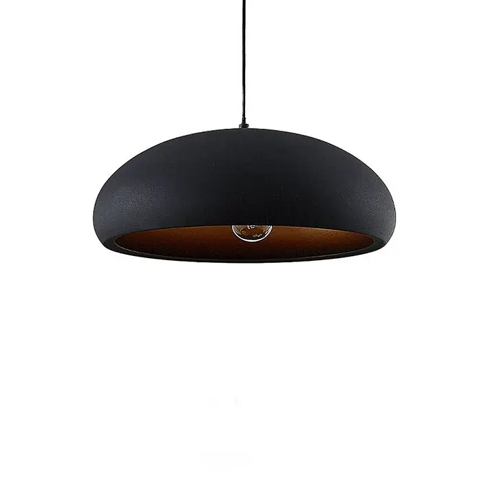 Lindby Pendelleuchte Gerwina - L x B x H: 40 x 40 x 15 cm, schwarz, Schwarz, gold, E27 - Schwarze, organisch geformte Pendelleuchte mit kupferfarbener Innenseite und sichtbarer Glühbirne.
