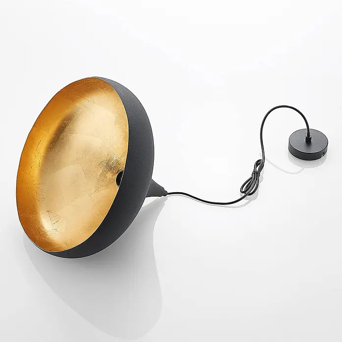 Arcchio Pendelleuchte Lunus - L x B x H: 40,5 x 40,5 x 27 cm, Schwarz, gold, E27 - Mattschwarze, schalenförmige Pendelleuchte mit goldener, texturierter Innenseite.