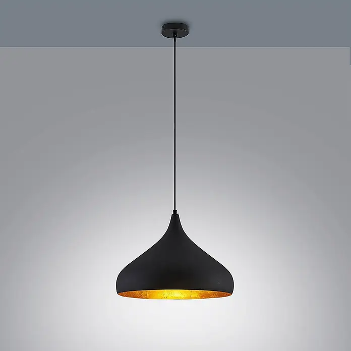 Arcchio Pendelleuchte Lunus - L x B x H: 40,5 x 40,5 x 27 cm, Schwarz, gold, E27 - Schwarze glockenförmige Pendelleuchte mit texturierter goldener Innenseite, von der Decke hängend.