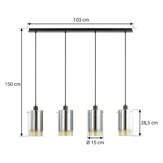Lucande Pendelleuchte Sterzy - L x B x H: 105 x 15 x 28,5 cm, alu / grau / zink, anthrazit, gold, E27 - Vierflammige Hängeleuchte mit schwarzer Leiste und zylindrischen Chrom-Glasschirmen mit goldenem Boden.