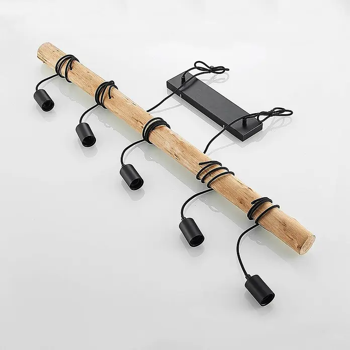 Lindby Pendelleuchte Rom - L x B x H: 116 x 7,5 x 150 cm, schwarz, Schwarz matt, holz hell, E27 - Rustikale Pendelleuchte mit Holzstamm, sechs schwarzen Fassungen und rechteckiger schwarzer Deckenhalterung.
