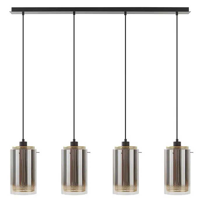 Lucande Pendelleuchte Sterzy - L x B x H: 105 x 15 x 28,5 cm, alu / grau / zink, anthrazit, gold, E27 - Vierflammige lineare Pendelleuchte mit schwarzer Aufhängung und zylindrischen Schirmen aus Rauchglas und Messingakzenten.