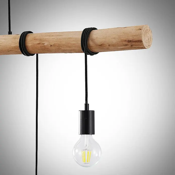 Lindby Pendelleuchte Rom - L x B x H: 116 x 7,5 x 150 cm, schwarz, Schwarz matt, holz hell, E27 - Pendelleuchte aus Naturholzstamm mit schwarzem Textilkabel und schwarzer Fassung mit klarer LED-Glühbirne.