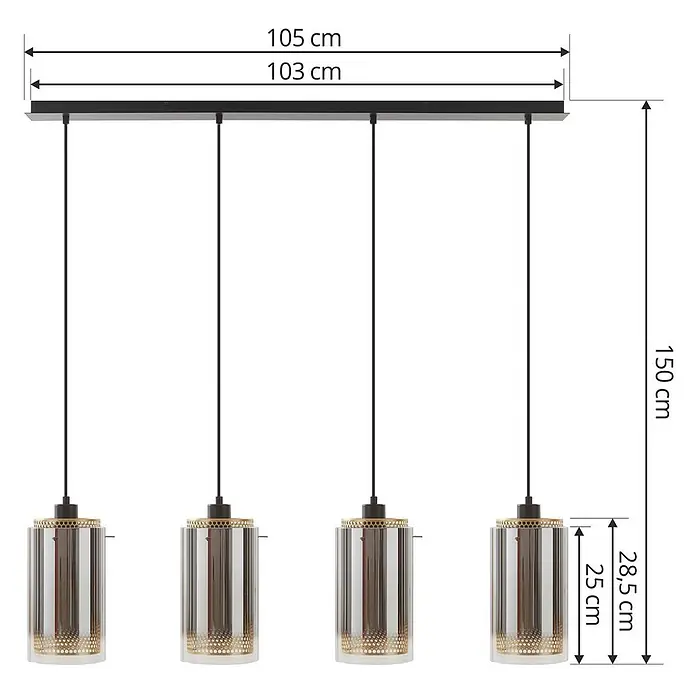 Lucande Pendelleuchte Sterzy - L x B x H: 105 x 15 x 28,5 cm, alu / grau / zink, anthrazit, gold, E27 - Vierflammige Pendelleuchte mit schwarzer Stange und vier zylindrischen Schirmen aus Klarglas und Metallstreifen, mit Maßen.