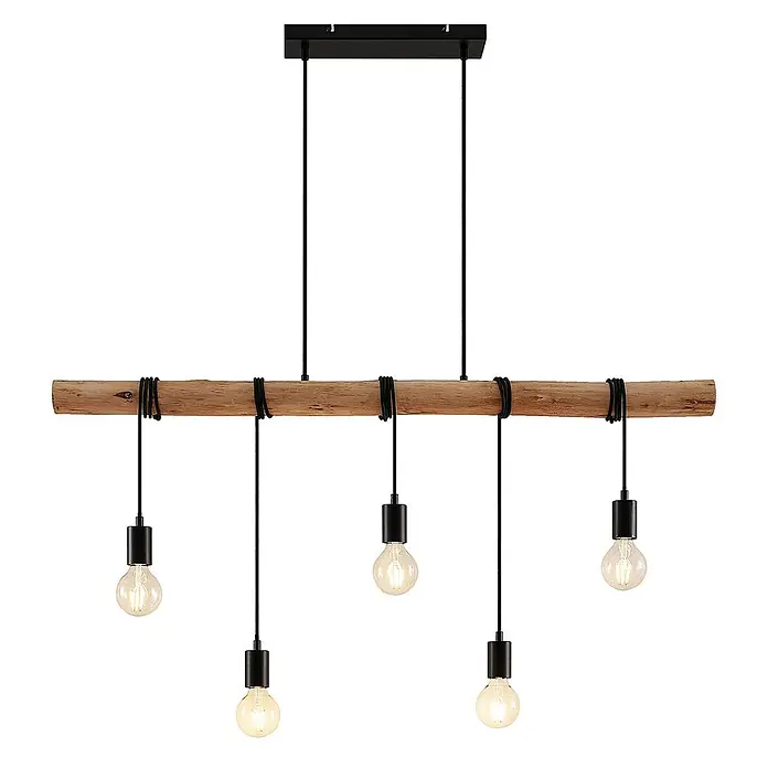 Lindby Pendelleuchte Rom - L x B x H: 116 x 7,5 x 150 cm, schwarz, Schwarz matt, holz hell, E27 - Rustikale Pendelleuchte aus Holz mit fünf sichtbaren Glühbirnen, aufgehängt an schwarzen Kabeln von einer schwarzen Deckenplatte.