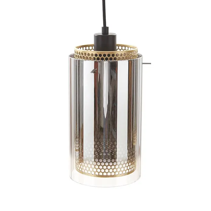 Lucande Pendelleuchte Sterzy - L x B x H: 105 x 15 x 28,5 cm, alu / grau / zink, anthrazit, gold, E27 - Zylindrische Pendelleuchte mit klarem Außenglas, chromfarbenem Innendiffusor und messingfarbenen Wabenapplikationen oben und unten, an einem schwarzen Kabel hängend.