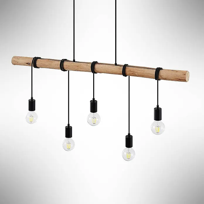 Lindby Pendelleuchte Rom - L x B x H: 116 x 7,5 x 150 cm, schwarz, Schwarz matt, holz hell, E27 - Fünfflammige Pendelleuchte mit Holzbalken und schwarzen Kabeln, mit Klarglasbirnen.