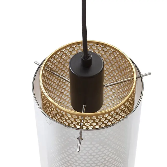 Lucande Pendelleuchte Sterzy - L x B x H: 105 x 15 x 28,5 cm, alu / grau / zink, anthrazit, gold, E27 - Pendelleuchte mit schwarzer Fassung, goldenem Wabenschirm und klarem Außenzylinder.