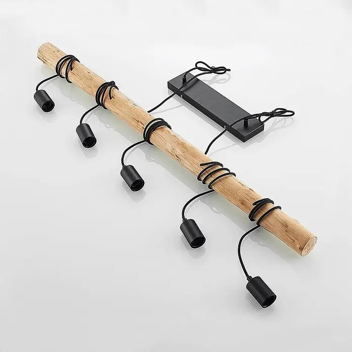 Lindby Pendelleuchte Rom - L x B x H: 116 x 7,5 x 150 cm, schwarz, Schwarz matt, holz hell, E27 - Rustikale Hängeleuchte aus Holzstamm mit mehreren schwarzen Lampenfassungen und passender Deckenhalterung.