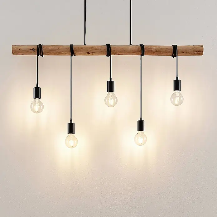 Lindby Pendelleuchte Rom - L x B x H: 116 x 7,5 x 150 cm, schwarz, Schwarz matt, holz hell, E27 - Pendelleuchte mit Holzbalken und fünf schwarzen Hängefassungen mit klaren Glühbirnen.