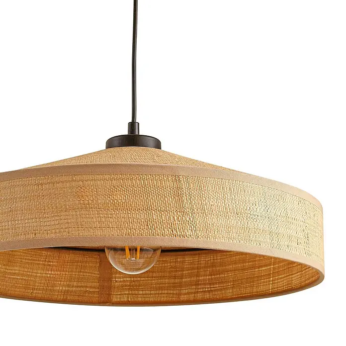 Lindby Pendelleuchte Haldor - L x B x H: 40 x 40 x 13,5 cm, creme / amber, beige, E27 - Helle, geflochtene Pendelleuchte mit Stoffrand und sichtbarer LED-Birne.