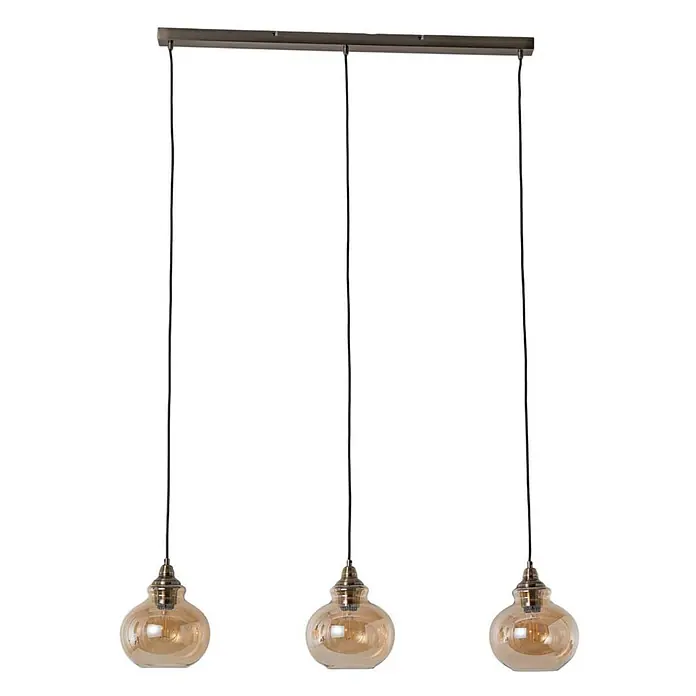 Lindby Pendelleuchte Tymoni - creme / amber, amber, altmessing, E27 - Dreiflammige Pendelleuchte mit dunkler Metallstange und drei bernsteinfarbenen Glasschirmen.