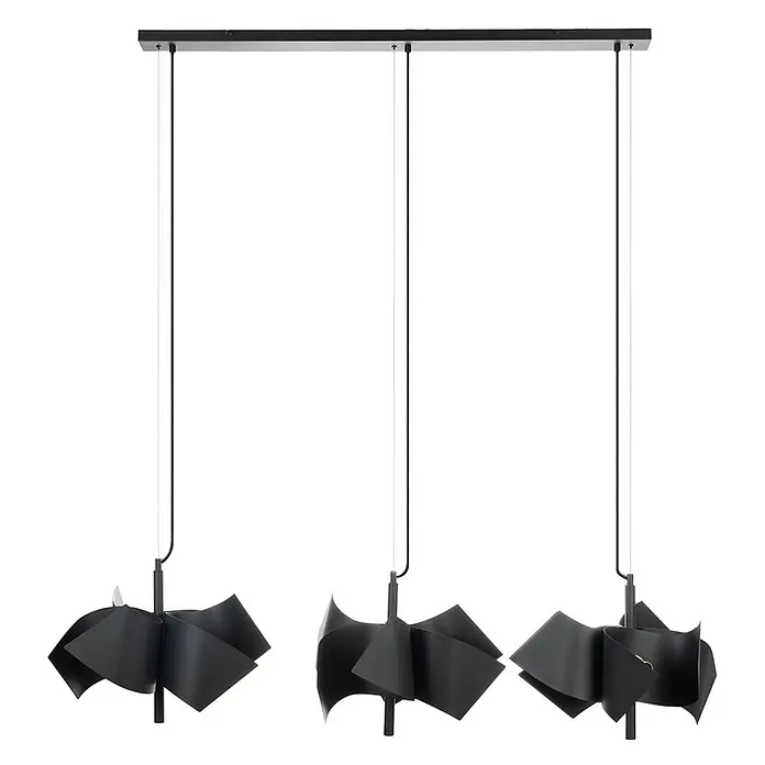 Lucande Pendelleuchte Imron - L x B x H: 142 x 40 x 35 cm, schwarz, sandSchwarz, E14 - Schwarze lineare Pendelleuchte mit drei abstrakten, gefalteten Metallschirmen.