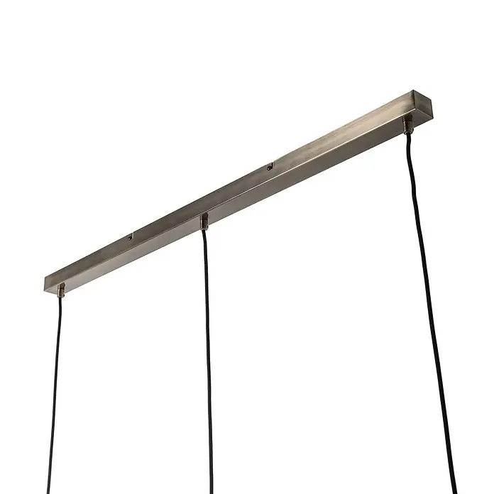 Lindby Pendelleuchte Tymoni - creme / amber, amber, altmessing, E27 - Gebürstetes Metall-Linearleuchtenbalken mit drei hängenden schwarzen Kabeln für Pendelleuchten.