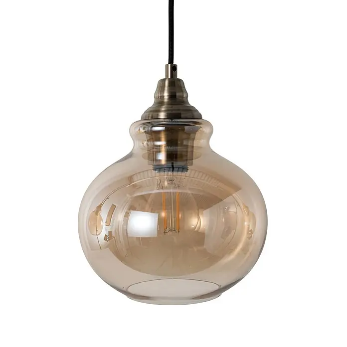 Lindby Pendelleuchte Tymoni - creme / amber, amber, altmessing, E27 - Bernstein-Glaskugel-Pendelleuchte mit Messingfassung und schwarzem Kabel.