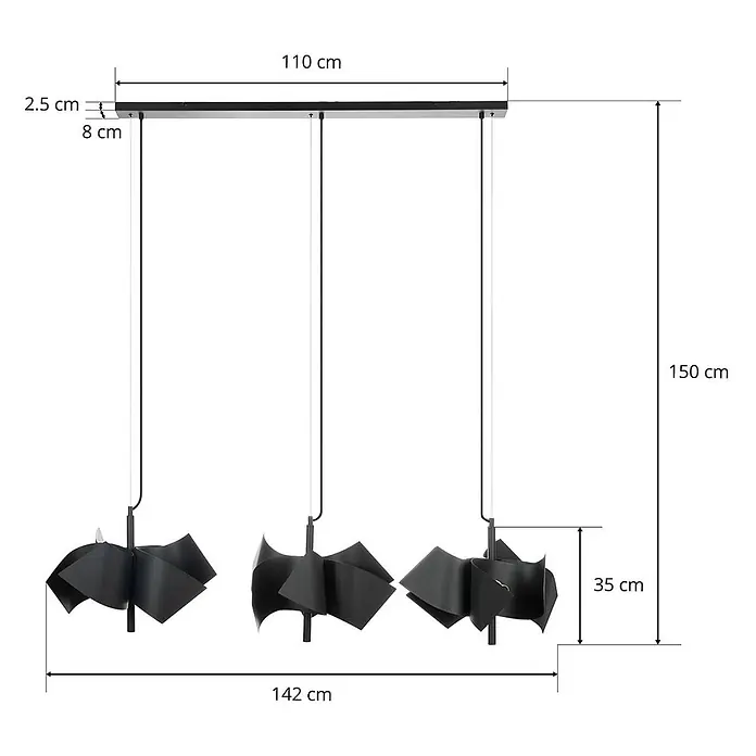 Lucande Pendelleuchte Imron - L x B x H: 142 x 40 x 35 cm, schwarz, sandSchwarz, E14 - Schwarze dreiflammige Pendelleuchte mit gewellten Metallschirmen.