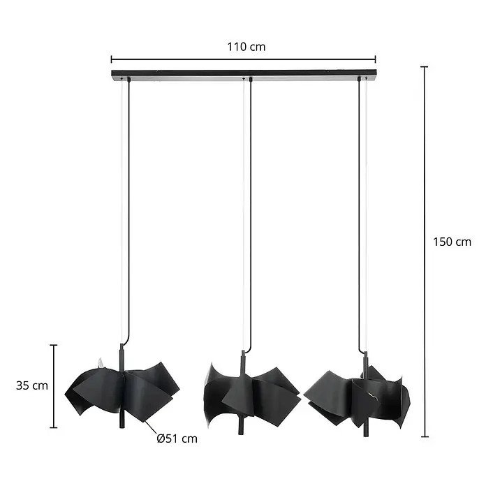 Lucande Pendelleuchte Imron - L x B x H: 142 x 40 x 35 cm, schwarz, sandSchwarz, E14 - Schwarze Dreifach-Pendelleuchte mit wellenförmigen Metallschirmen, 110 cm breit, 150 cm hoch, Ø 51 cm je Schirm.