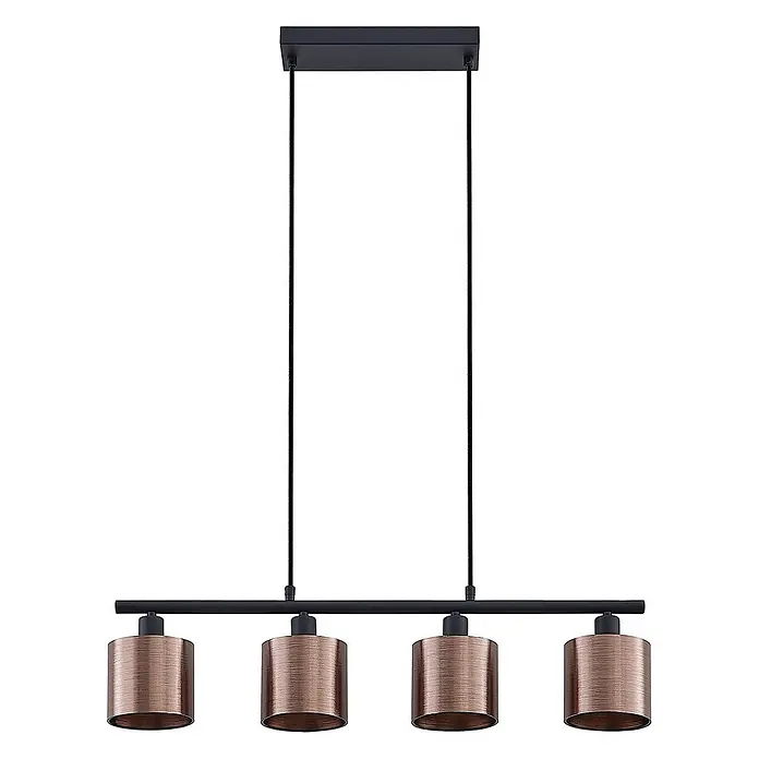 Lindby Pendelleuchte Joudy - L x B x H: 75 x 12 x 11 cm, bronze / altmessing, bronze dunkel, Schwarz matt, E14 - Vierflammige Deckenleuchte mit schwarzer Aufhängung und Stange, zylindrische kupferfarbene Metallschirme.
