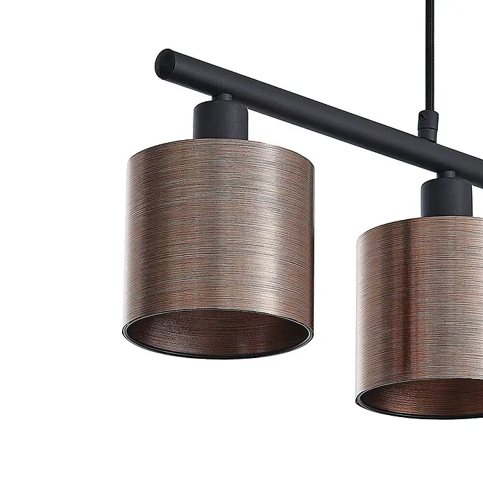 Lindby Pendelleuchte Joudy - L x B x H: 75 x 12 x 11 cm, bronze / altmessing, bronze dunkel, Schwarz matt, E14 - Pendelleuchte mit schwarzem Balken und zwei texturierten, kupferbraunen zylindrischen Schirmen.