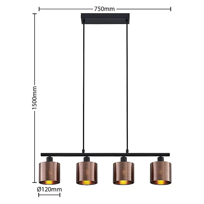 Lindby Pendelleuchte Joudy - L x B x H: 75 x 12 x 11 cm, bronze / altmessing, bronze dunkel, Schwarz matt, E14 - Vierflammige Pendelleuchte mit schwarzem Gestell und vier kupferfarbenen zylindrischen Schirmen.