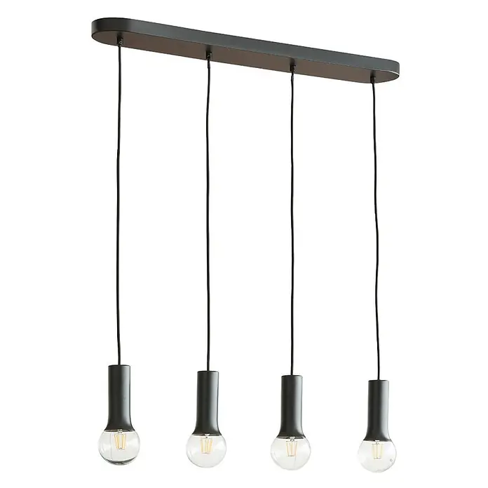 Lindby Pendelleuchte Fipas - Schwarz, E27 - Schwarze Pendelleuchte mit vier Flammen, ovaler Deckenbefestigung und klaren Edison-Glühbirnen.