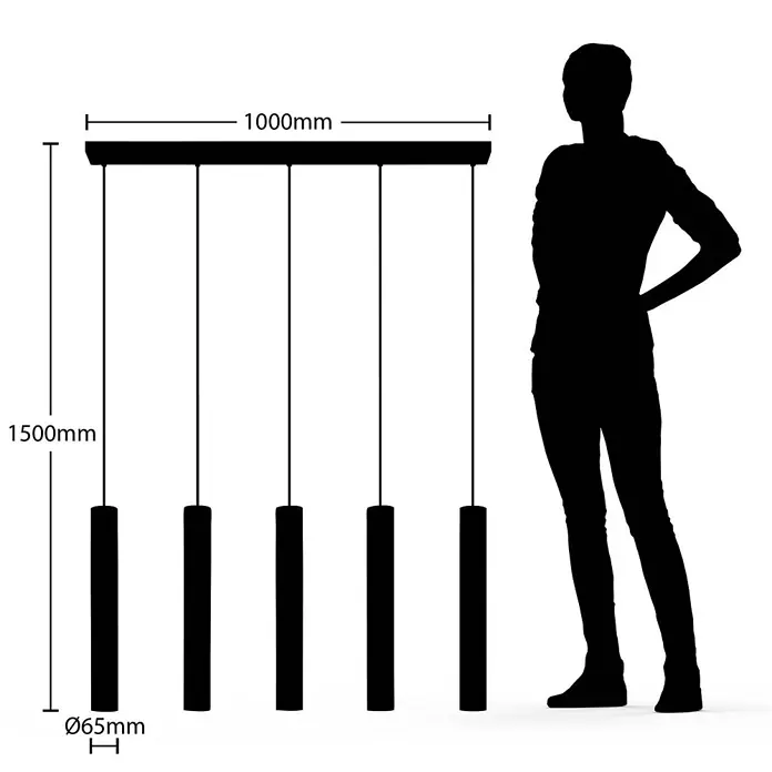 Lindby Pendelleuchte Concretto - alu / grau / zink, grau, GU10 - Lineare schwarze Pendelleuchte mit 5 zylindrischen Schirmen (1000mm Länge, 1500mm Höhe, 65mm Schirmdurchmesser), zur Skalierung neben einer Person dargestellt.