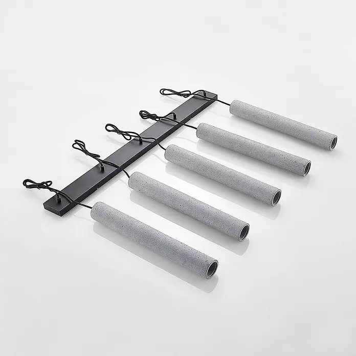 Lindby Pendelleuchte Concretto - alu / grau / zink, grau, GU10 - Schwarze Mehrfach-Pendelleuchte mit sechs grauen, texturierten zylindrischen Schirmen.