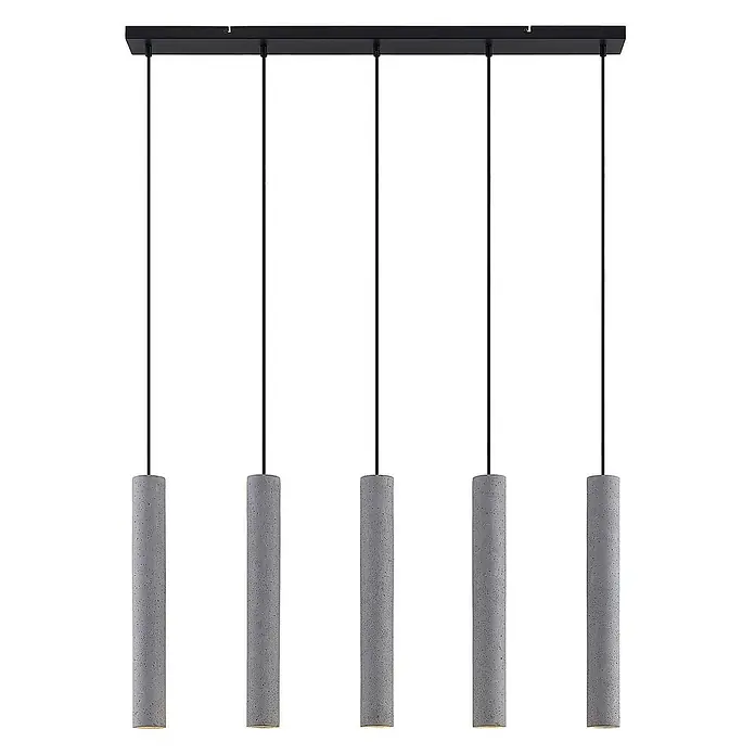 Lindby Pendelleuchte Concretto - alu / grau / zink, grau, GU10 - Fünf zylindrische Pendelleuchten aus grauem Beton hängen an einer schwarzen Deckenleiste.