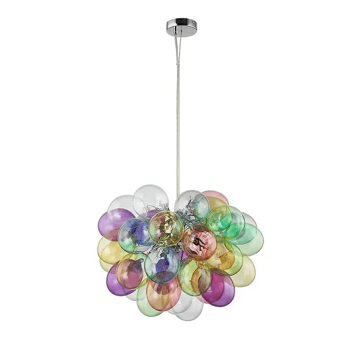 Lucande Pendelleuchte Diborah - L x B x H: 50 x 50 x 50 cm, Multicolour, multicolour, G9 - Mehrfarbiger Glaskugel-Kronleuchter mit Chrom-Deckenplatte, an einem Kabel aufgehängt.
