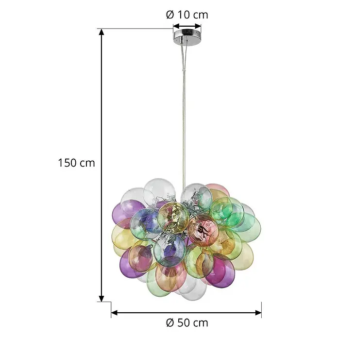 Lucande Pendelleuchte Diborah - L x B x H: 50 x 50 x 50 cm, Multicolour, multicolour, G9 - Bunter Kronleuchter mit kugelförmigen Glasschirmen, 150 cm hoch, 50 cm Durchmesser, 10 cm Baldachin.