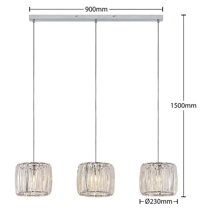 Lindby Pendelleuchte Sofia - L x B x H: 107 x 23 x 20 cm, klar / transparent, transparent, chrom, E14 - Dreiflammige Pendelleuchte mit silberner Stange und klaren facettierten Diffusoren.