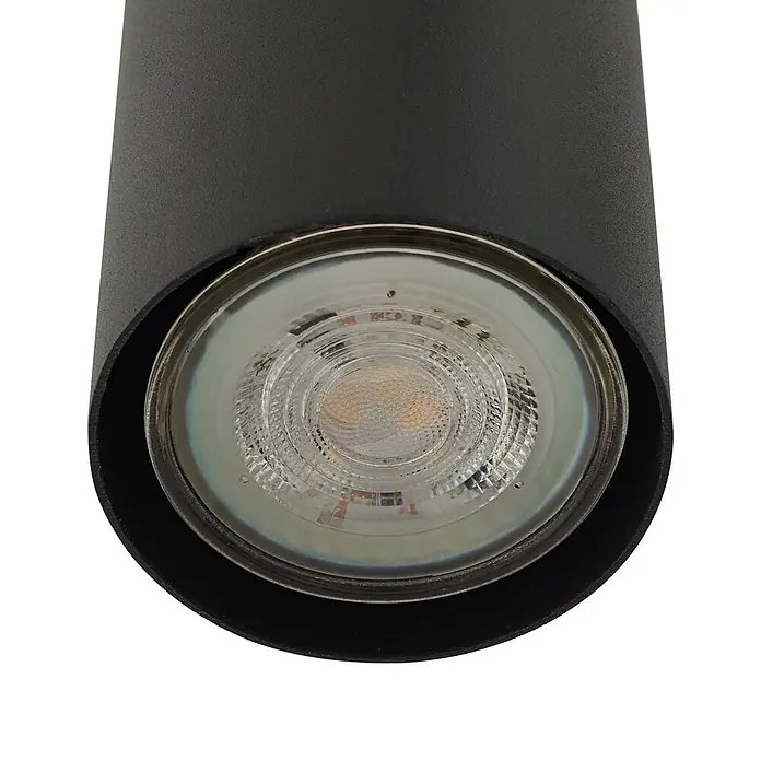 Lindby Pendelleuchte Joffrey - L x B x H: 24 x 24 x 40 cm, schwarz, Schwarz sand, GU10 - Schwarze zylindrische Leuchte mit sichtbarer LED-Birne am Ende.