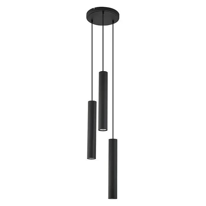Lindby Pendelleuchte Joffrey - L x B x H: 24 x 24 x 40 cm, schwarz, Schwarz sand, GU10 - Schwarze dreiflammige Pendelleuchte mit zylindrischen Schirmen, aufgehängt an einer runden Deckenplatte.