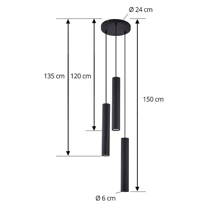 Lindby Pendelleuchte Joffrey - L x B x H: 24 x 24 x 40 cm, schwarz, Schwarz sand, GU10 - Schwarze Mehrfach-Pendelleuchte mit drei zylindrischen Lampen, die in unterschiedlichen Längen von einer runden Deckenplatte hängen.
