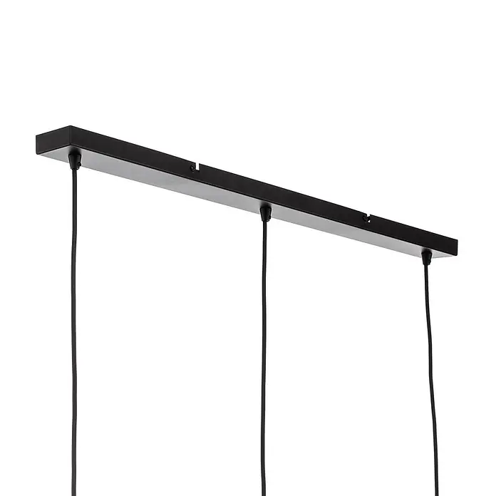 Lindby Pendelleuchte Yaelle - L x B x H: 92 x 15 x 28 cm, Holz hell, holz hell, E27 - Schwarze rechteckige Metall-Deckenleiste mit drei hängenden Kabeln für Pendelleuchten.