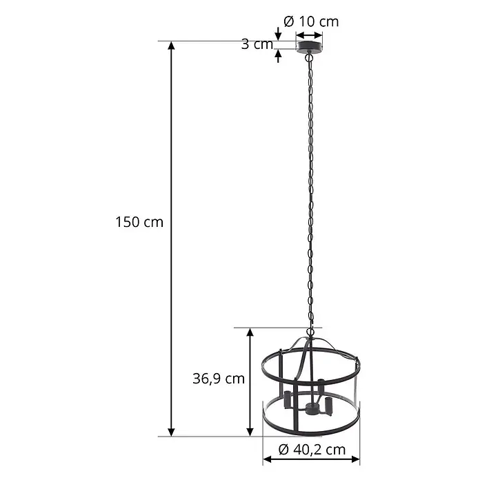 Lucande Pendelleuchte Eryk - L x B x H: 40,2 x 40,2 x 36,9 cm, schwarz, Schwarz, transparent, E14 - Schwarze Metall-Hängeleuchte mit zylindrischem Rahmen, Kette und detaillierten Maßen.