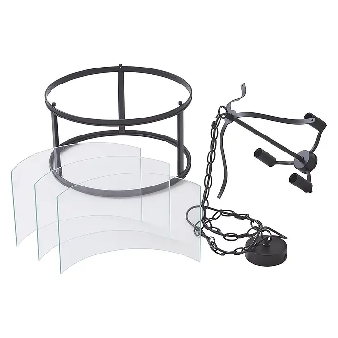 Lucande Pendelleuchte Eryk - L x B x H: 40,2 x 40,2 x 36,9 cm, schwarz, Schwarz, transparent, E14 - Zerlegte schwarze Metall-Kronleuchterteile mit drei gebogenen Glaspaneelen, Kette und Lampenfassungen.