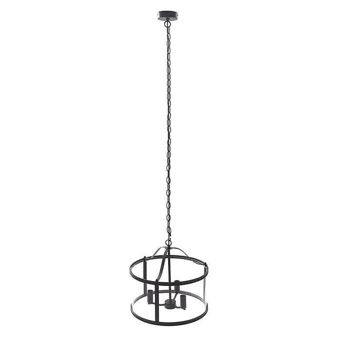 Lucande Pendelleuchte Eryk - L x B x H: 40,2 x 40,2 x 36,9 cm, schwarz, Schwarz, transparent, E14 - Dunkler Metall-Kronleuchter mit offener Käfigform und drei Kerzenlampenfassungen, an einer Kette hängend.