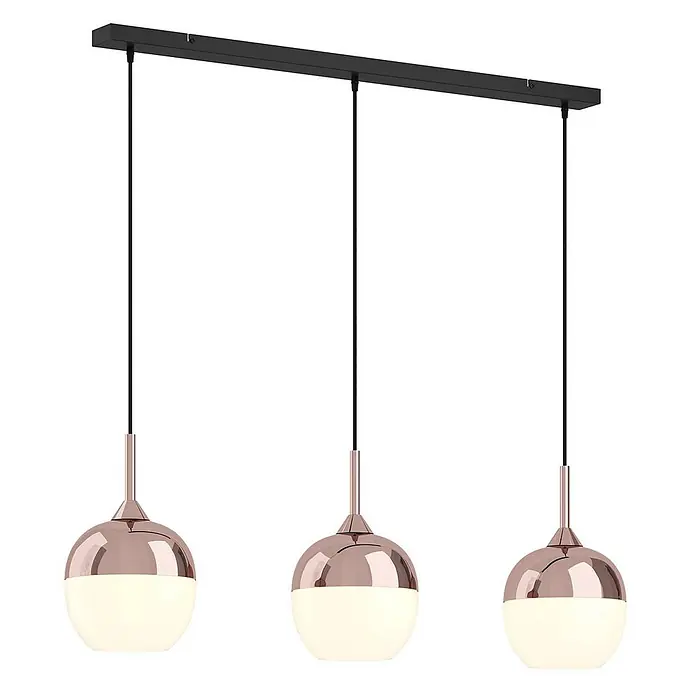 Lindby Pendelleuchte Rangina - kupfer, Kupfer, weiß, E27 - Dreiflammige Pendelleuchte mit schwarzer Rechteckstange und drei kugelförmigen Schirmen aus Roségold und weißem Glas.
