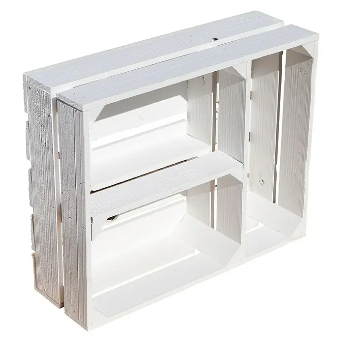 Holzregal Traute - B x H: 16 x 40 cm, Holz, Weiß - Das Produkt ist ein weiß gestrichenes, hölzernes Regal mit zwei Fächern und einem zusätzlichen Fach an der Seite. Es wirkt rustikal und handgefertigt.