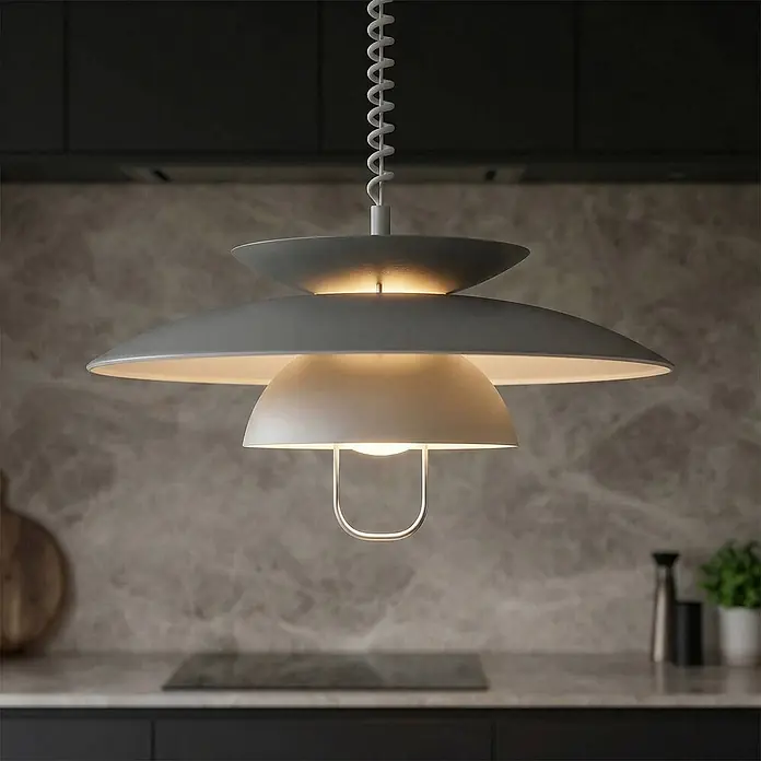Lindby Pendelleuchte Nadija - L x B x H: 43 x 43 x 28 cm, alu / grau / zink, grau, weiß, E27 - Eine moderne, graue mehrschichtige Pendelleuchte mit Spiralkabel hängt in einer Küche und spendet warmes Licht.