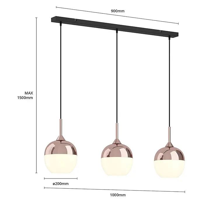 Lindby Pendelleuchte Rangina - kupfer, Kupfer, weiß, E27 - Dreiflammige Pendelleuchte mit schwarzer Stange, Roségold-Akzenten und weißen Glasschirmen. Max. Höhe 1500mm, Stange 900mm, Schirme Ø200mm.