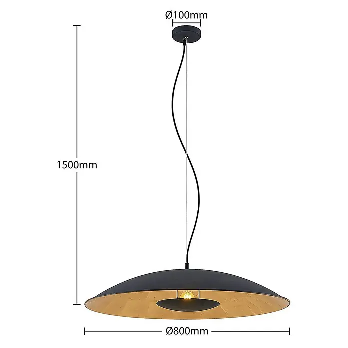 Lindby Pendelleuchte Narisara - L x B x H: 80 x 80 x 13,8 cm, schwarz, Schwarz, gold, E27 - Schwarze Metall-Pendelleuchte mit goldener Innenseite. Ø800mm Schirm, 1500mm Gesamthöhe.
