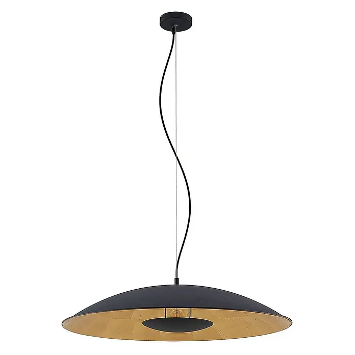 Lindby Pendelleuchte Narisara - L x B x H: 80 x 80 x 13,8 cm, schwarz, Schwarz, gold, E27 - Schwarz-goldene scheibenförmige Metall-Pendelleuchte, aufgehängt an einem schwarzen Kabel.